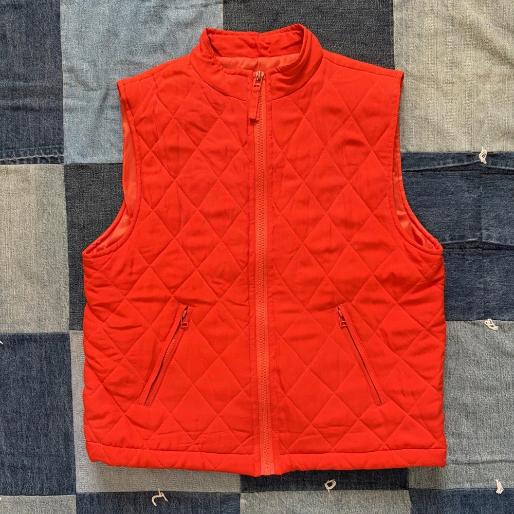 100% silk clio vintage orange quilted vest zip up size M